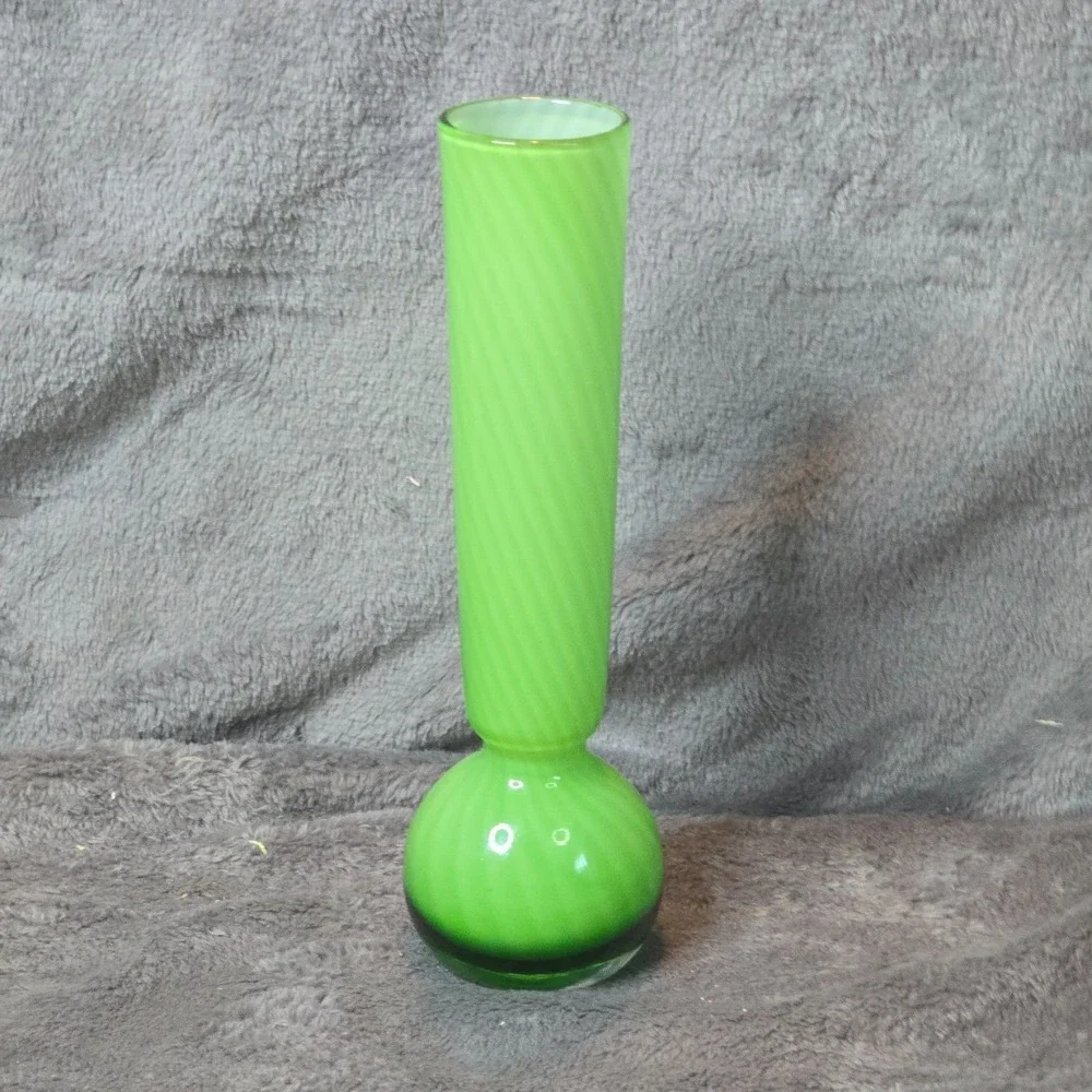 Vintage Green Cased Glass Bud Vase Swirl Stripe Satin Bulbous Base Empoli Style